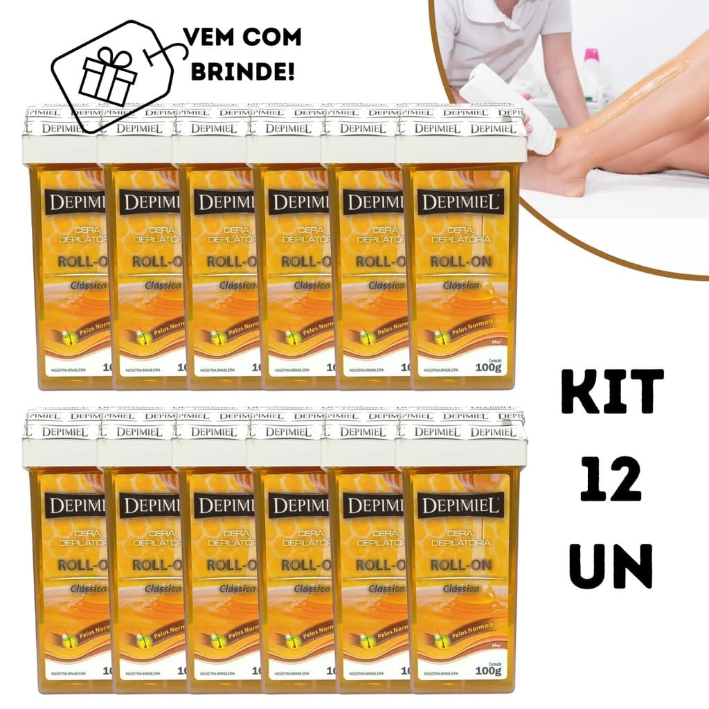 Kit 12 Ceras Depilatórias Corporal Pelos Normais Mel Roll-on 100g Depimiel Clássica + Brinde Lenço