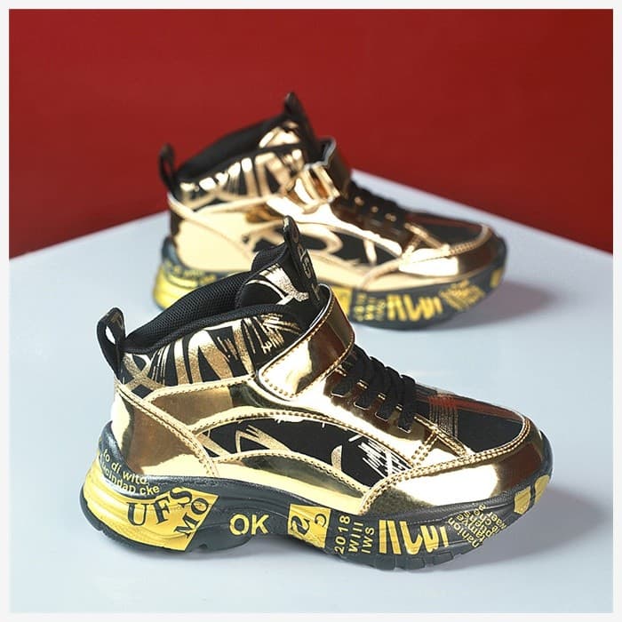 COD Promoção Popular Calçados Esportivos Infantis Dourados Moda Espelho Couro Calçados Esportivos Meninos Tênis de Basqu