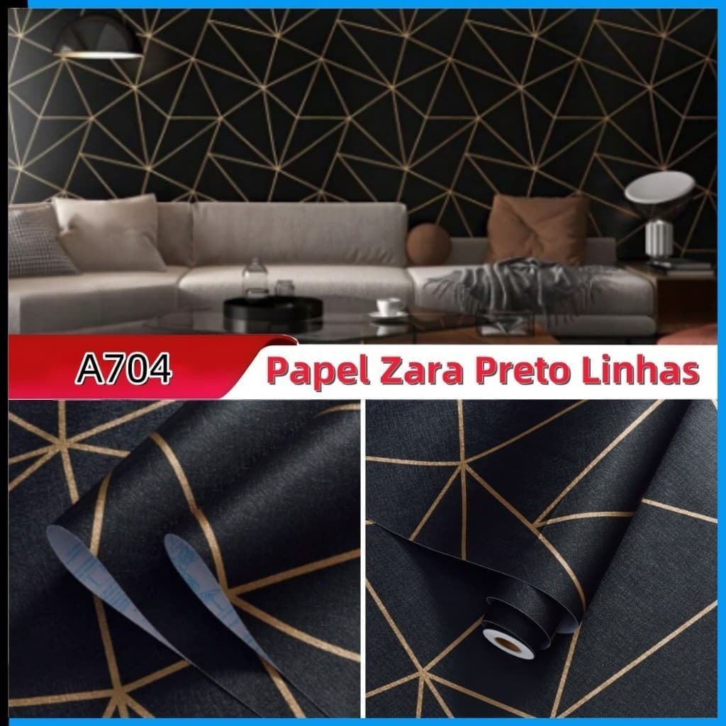 Papel de parede Zara Preto e Dourado Geometrico Moderno 5 Metros x 45cm Triangulo Sala, Quarto