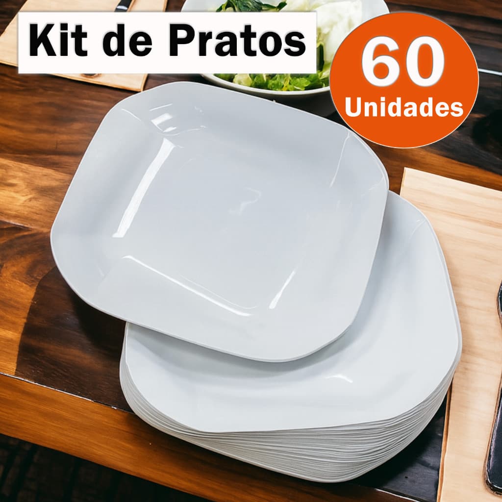 Kit 60 Pratos Liso Quadrado de Plástico Resistente Durável com Detalhes em Espiral