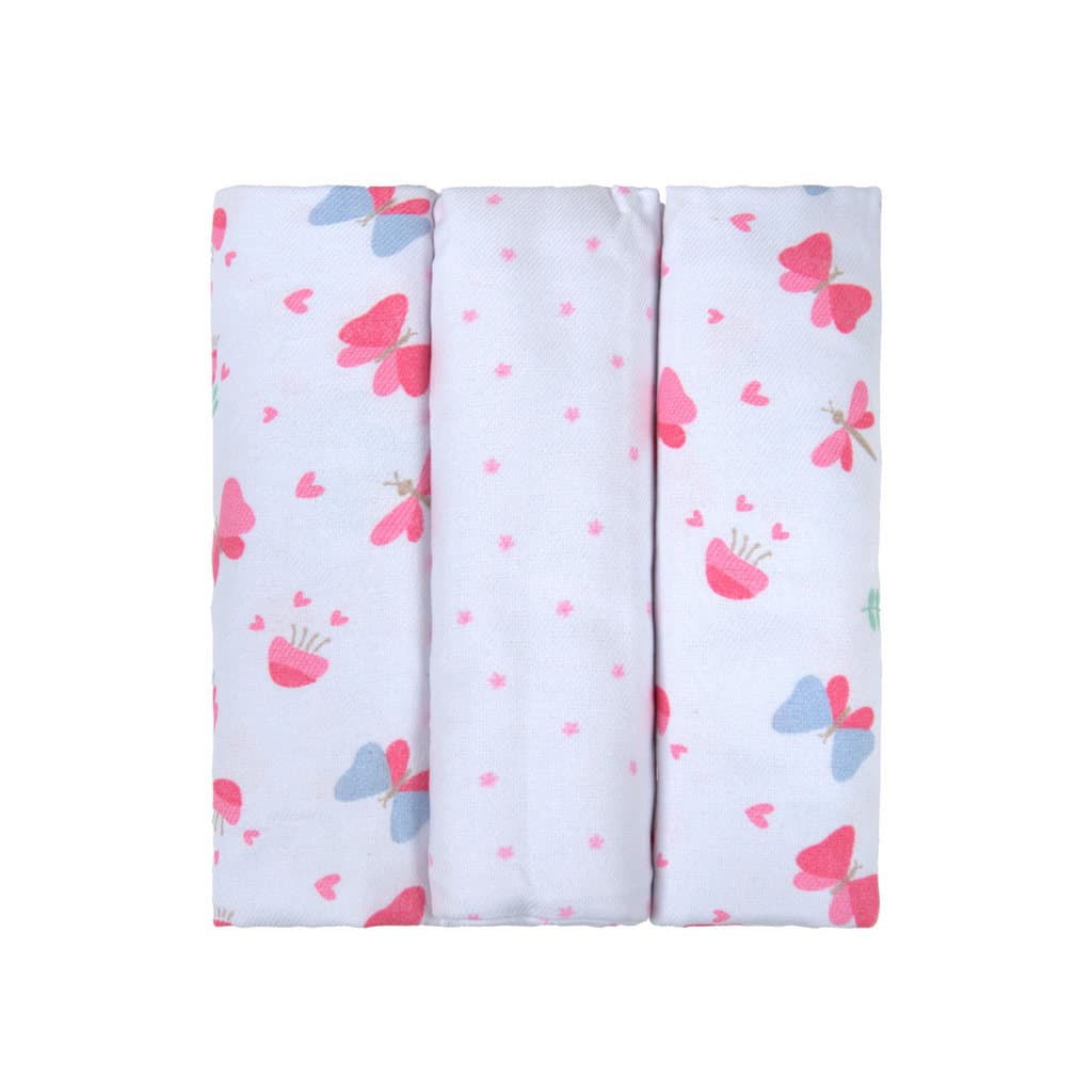 Kit 3 Cueiros Estampado Para Bebê Menina Borboletas Rosa