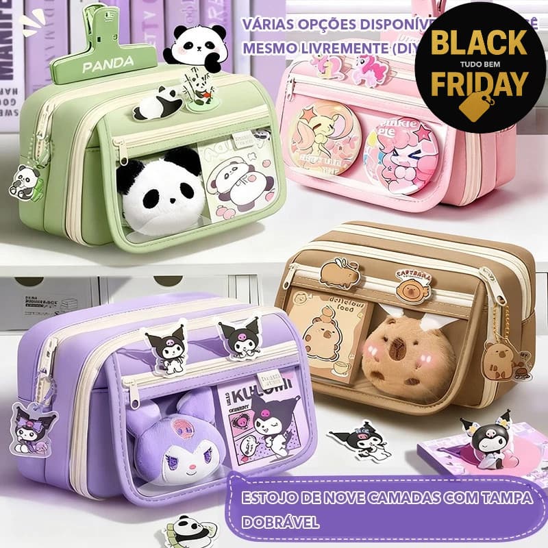 Estojo Grande Transparente 9 Compartimentos + Brinde Adesivo e Mini Boneca à Prova d’Água