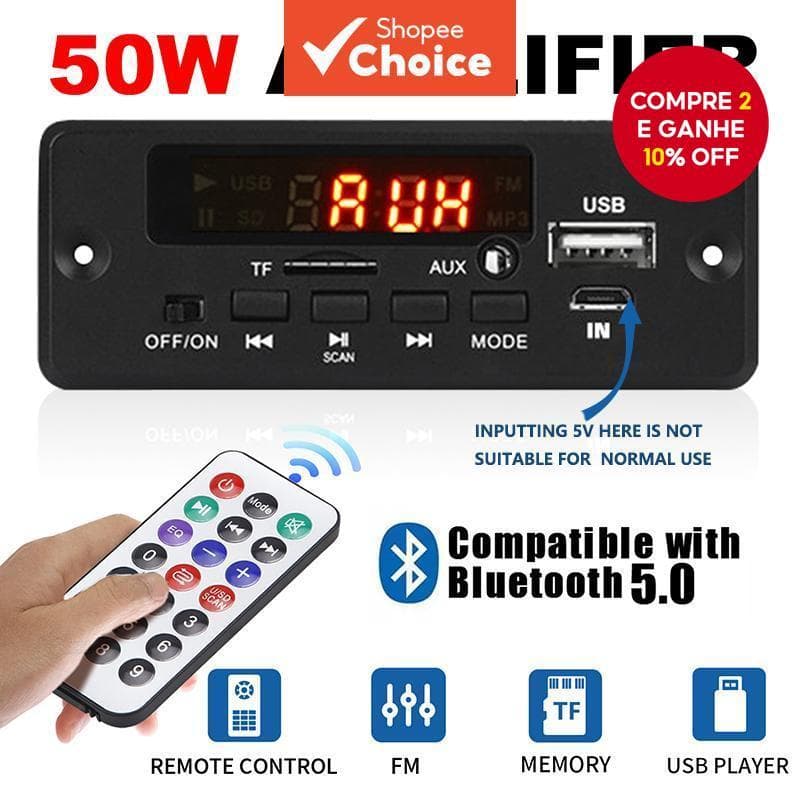  Amplificador Bluetooth 5.0 DC 12V 50W, reprodutor de MP3, rádio FM, módulo de receptor Bluetooth, entrada USB, entrada