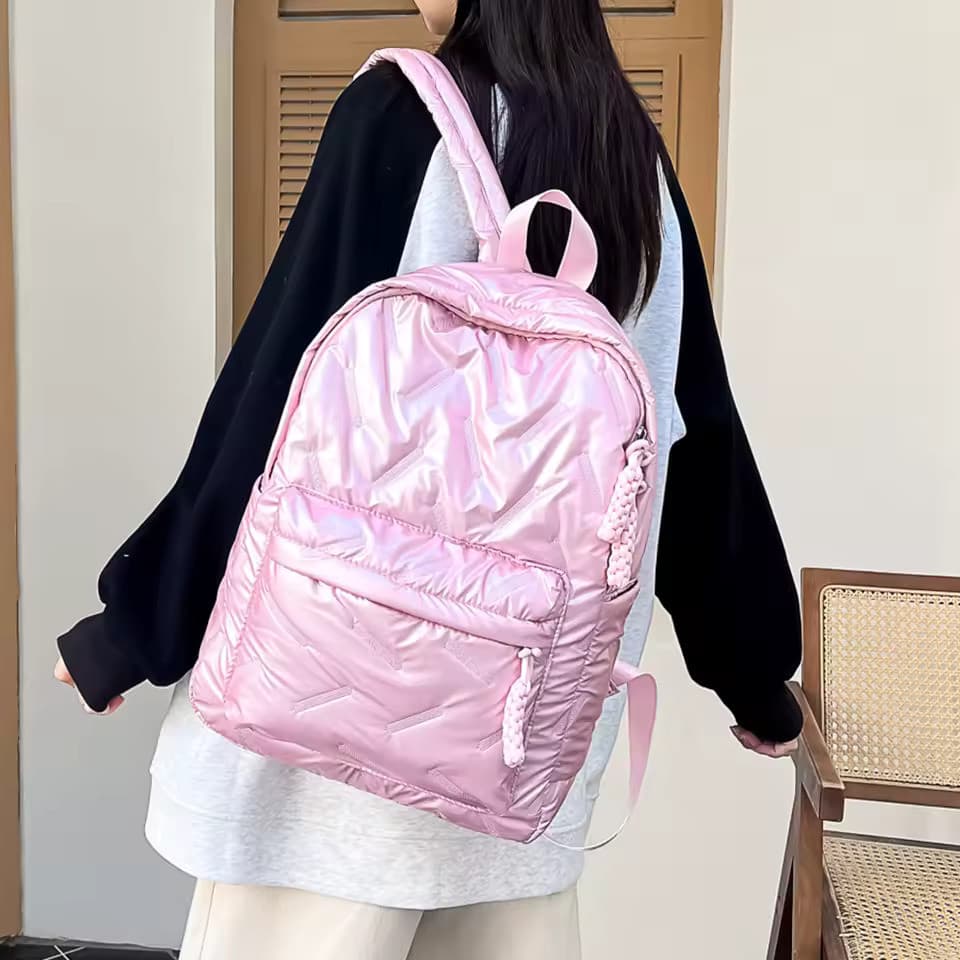 Mochila Feminina Metalizada Puffer Fofa  – Moderna, Leve e Espaçosa e Bonita 5 Cores