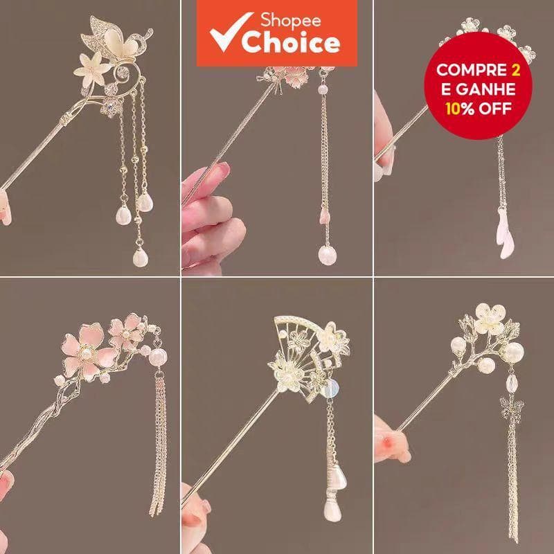 Grampo De Cabelo Estilo Antigo Com Borla De Flor-Elegância Atemporal