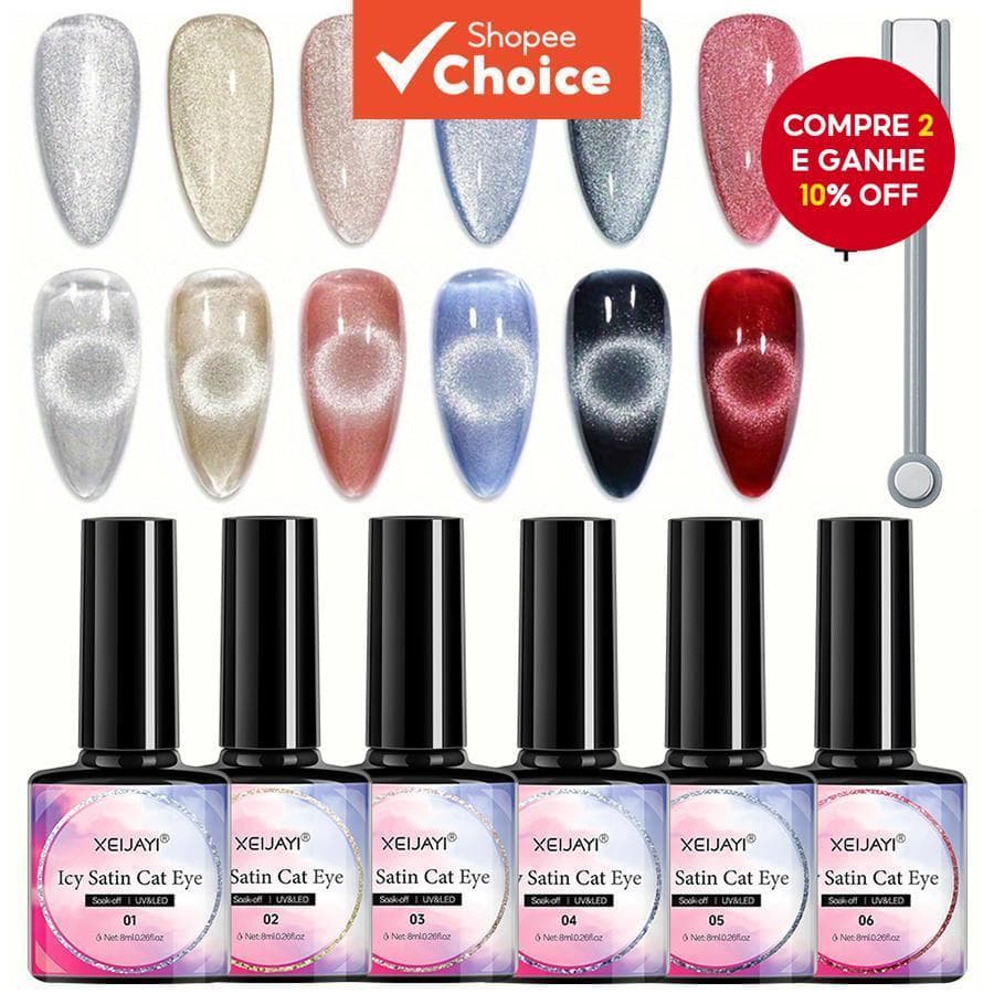 Conjunto de 7 esmaltes gel magnético em 6 cores, 8ml, ideal para manicure e nail art, com palito magnético.