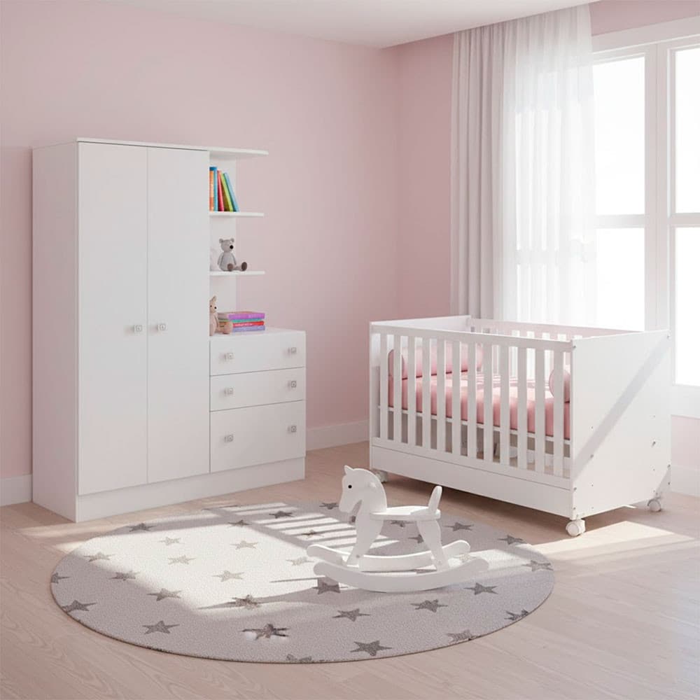 Quarto de Bebe Infantil Doce Sonho Berço Vira Cama e Guarda Roupas com Cômoda Qmovi