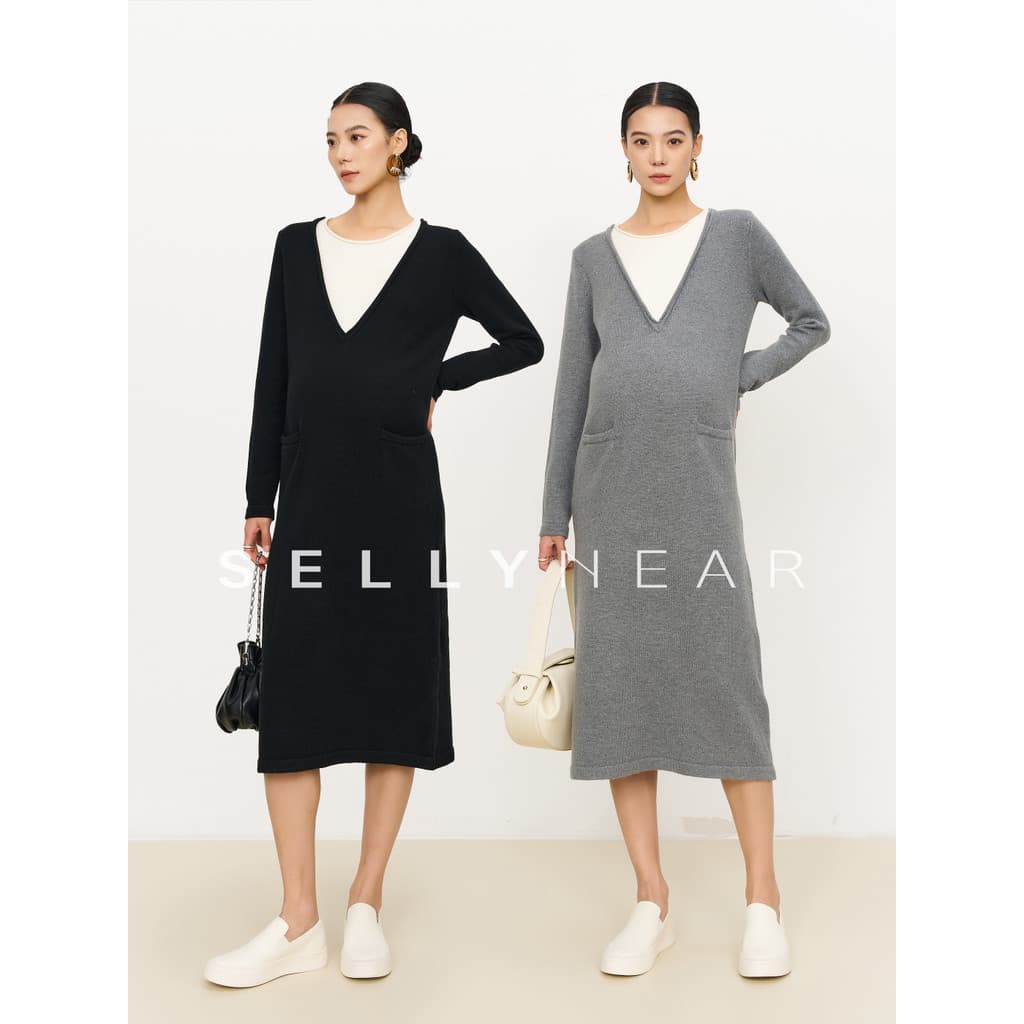 SELLYNEAR Vestido de maternidade outono inverno novo estilo elegante elegante simples grande decote em V falso vestido d