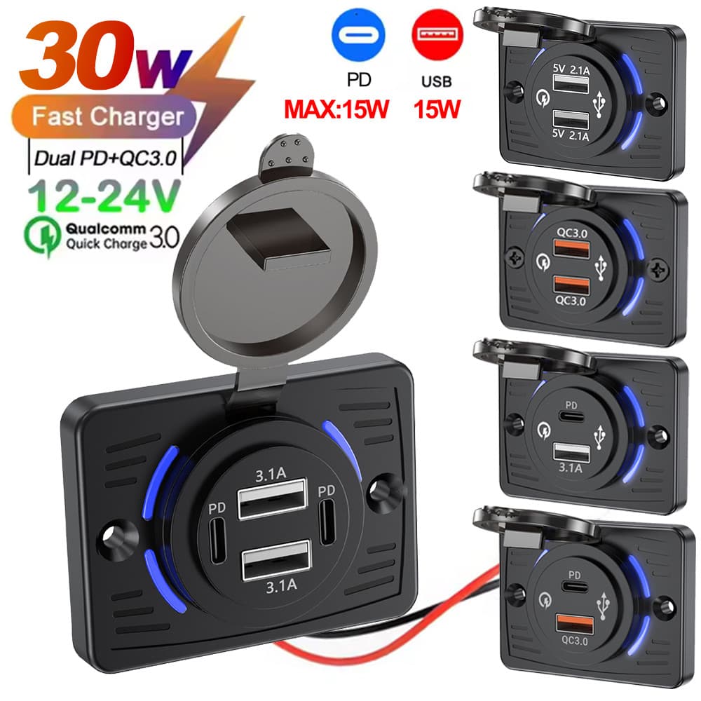 2 Portas 12V RV Tomada USB QC 18W PD 30W Tipo-C Carga Rápida & Painel QC3.0 Adaptador De Carregador De Montagem Na Pared