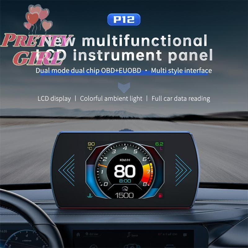 [Pretty ggirl] P12S Car Up Display Sistema Duplo Para Medidor De Carro HUD Digital Inteligente Velocidade De Combustível