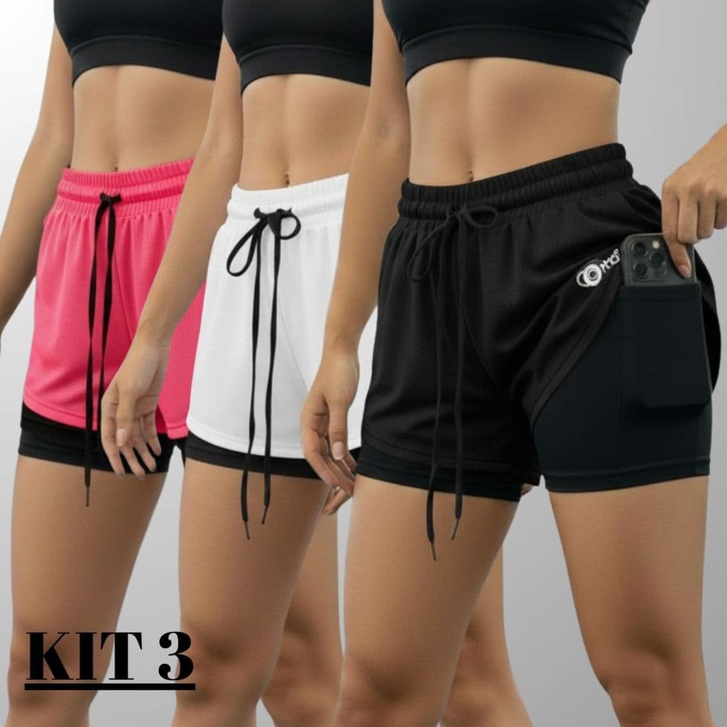 Kit 3 Shorts 2 Em 1 Feminino Fitness Com Forro Compressão E Bolso Interno Dry Fit