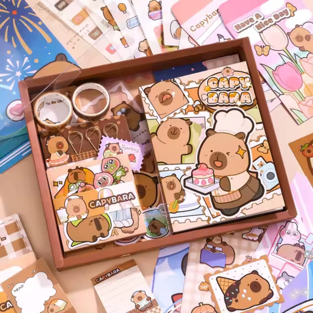 Kit DIY Scrapbooking Journal Papelaria Capivara Fofa com Stickers Washi Tape Papel Colagem Aesthetic