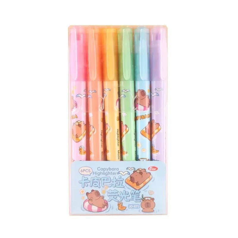 Kit 6 Marca Texto Ponta Dupla Capivara Mergulhando Nadando com Boia 6 Unidades Fofa Kawaii