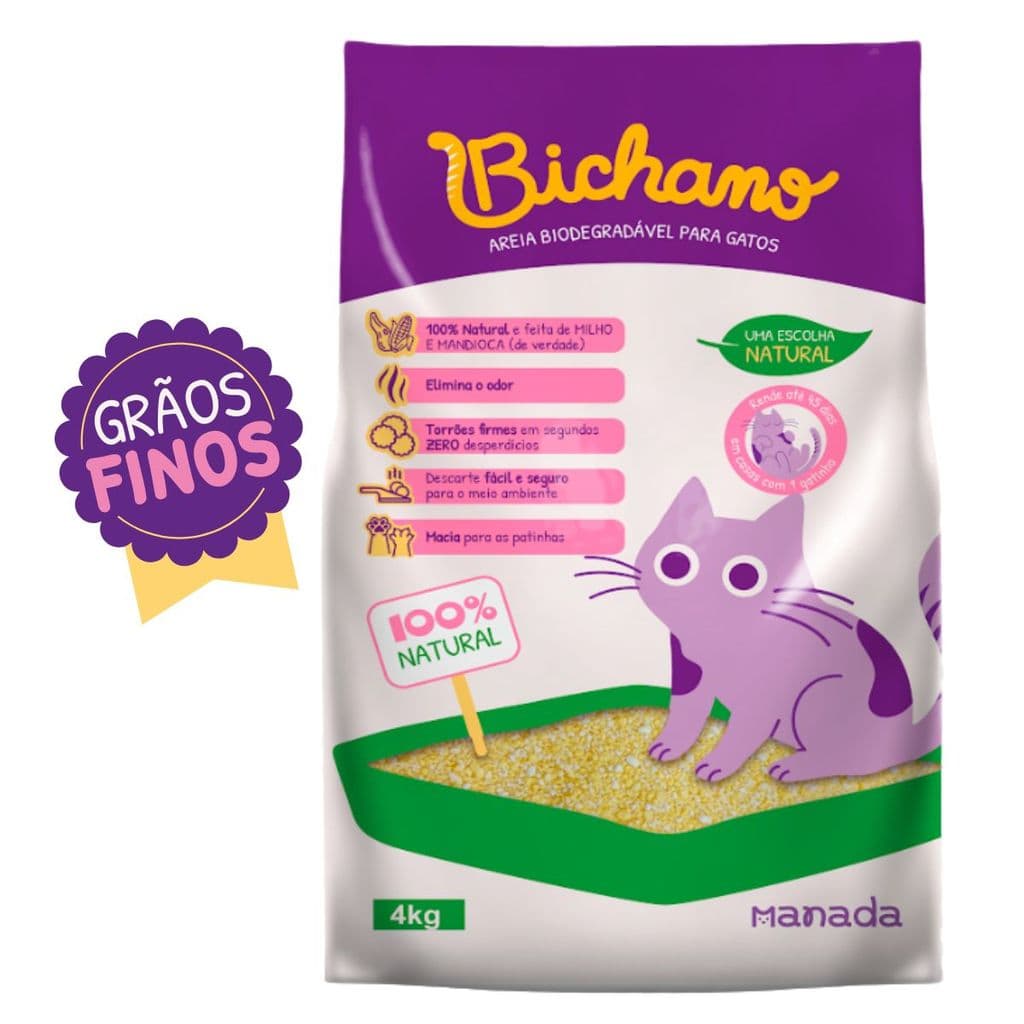Areia Biodegradável Bichano Para Gatos Cat Grãos Finos 4kg Bio Milho e Mandioca Grão Fino Manada