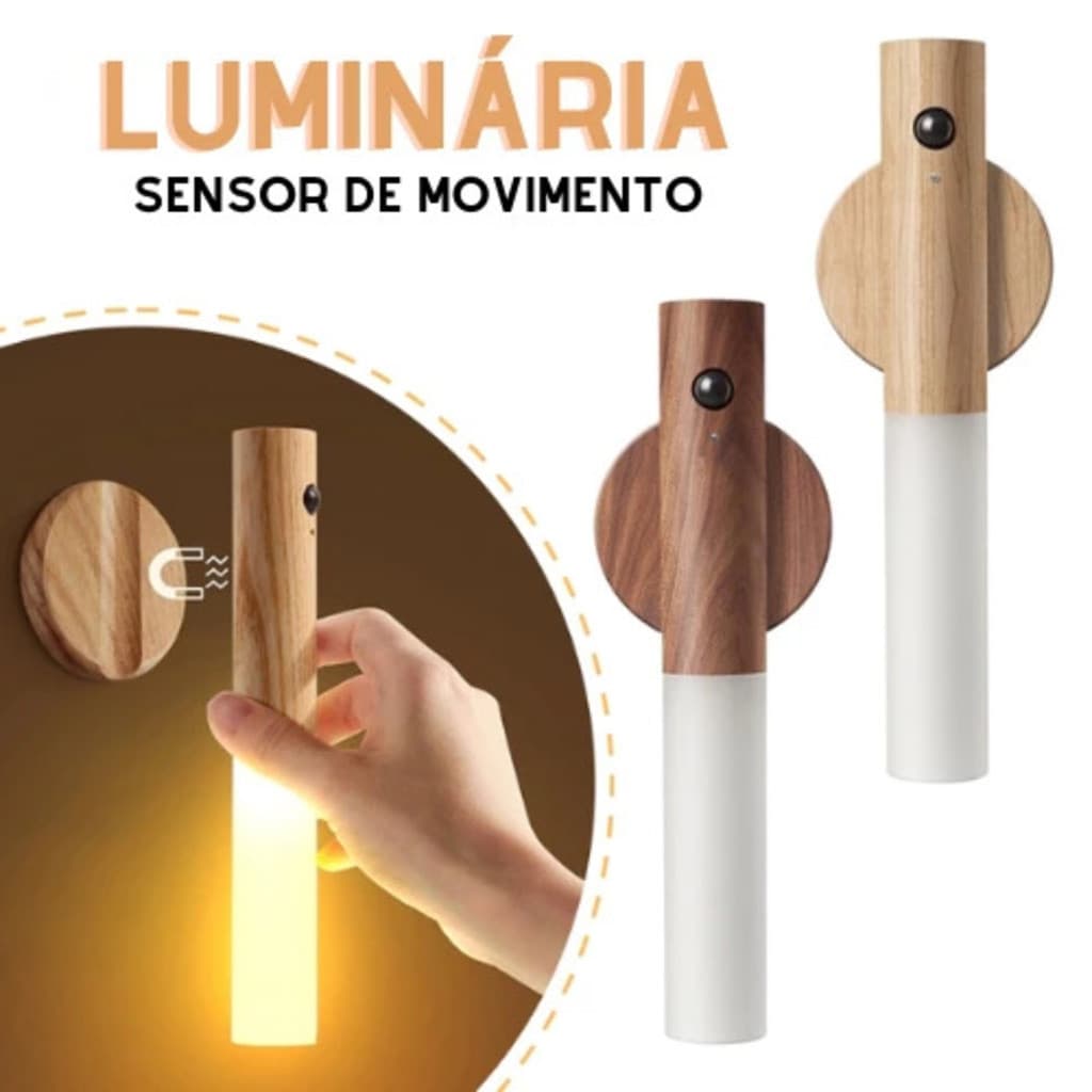 Luminaria Luz Led Recarregável Sensor de Movimento Arandela de Madeira Minimalista Para Mesa Parede