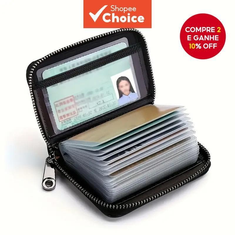 Carteira Porta-Cartões De Couro PU – Bolsa Para Cartão Com Zíper , Presente Ideal Homens