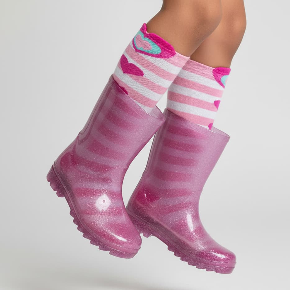 Galocha Bota Meninas Transparente Glitter + Par de Meias, Resistente, Leve, Divertido Rosa