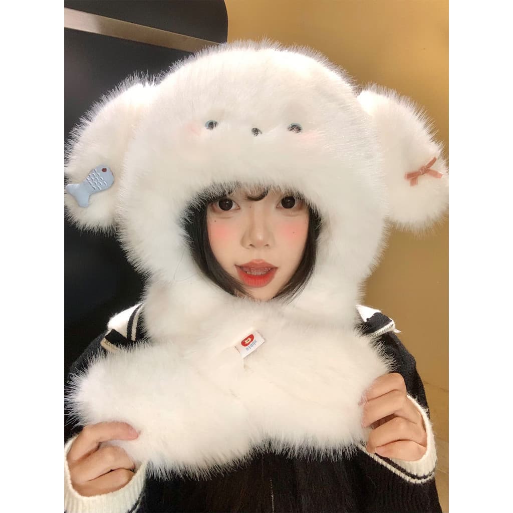 Bonito orelhas de cachorro chapéu de pelúcia cachecol uma feminino outono inverno engrossado quente à prova de frio prot