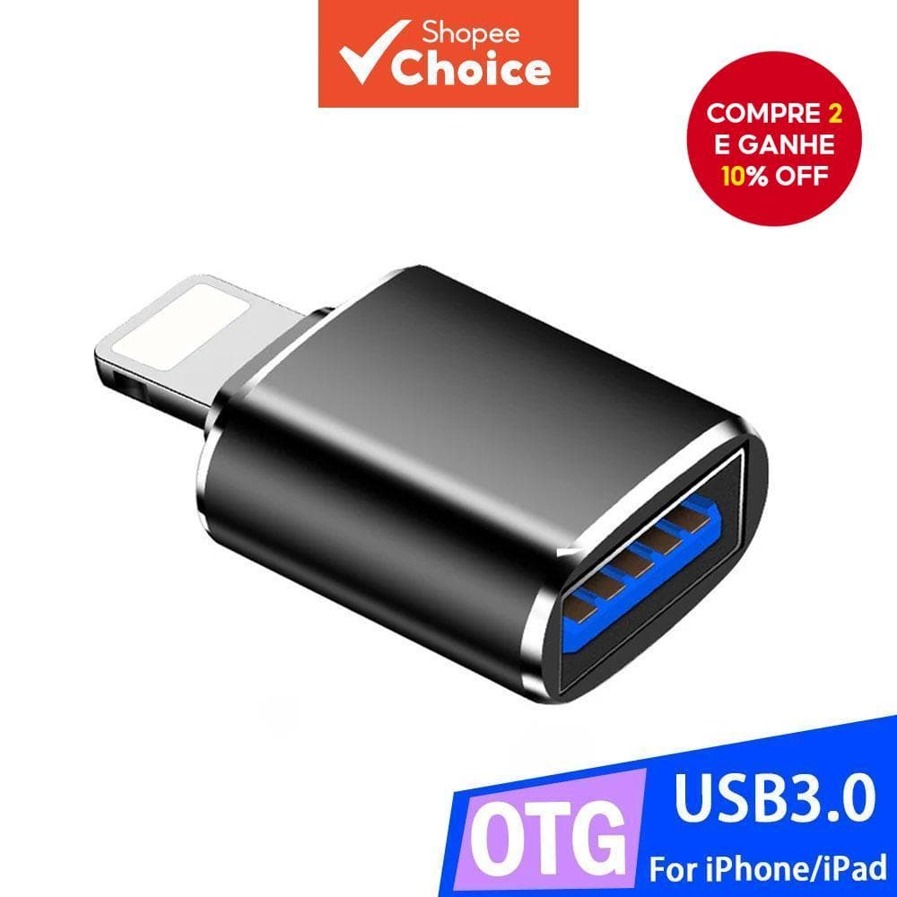  Adaptador USB 3.0 OTG adequado para iPhone/iOS, usado para transferência de dados de um pendrive USB.