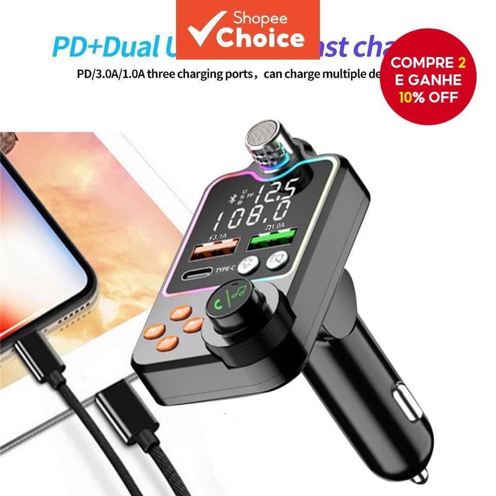 Novo Transmissor FM para Carro Bluetooth 5.0, Carregador Dual USB 3.1A + Tipo-C, Reprodutor MP3 Handsfree com Cartão TF