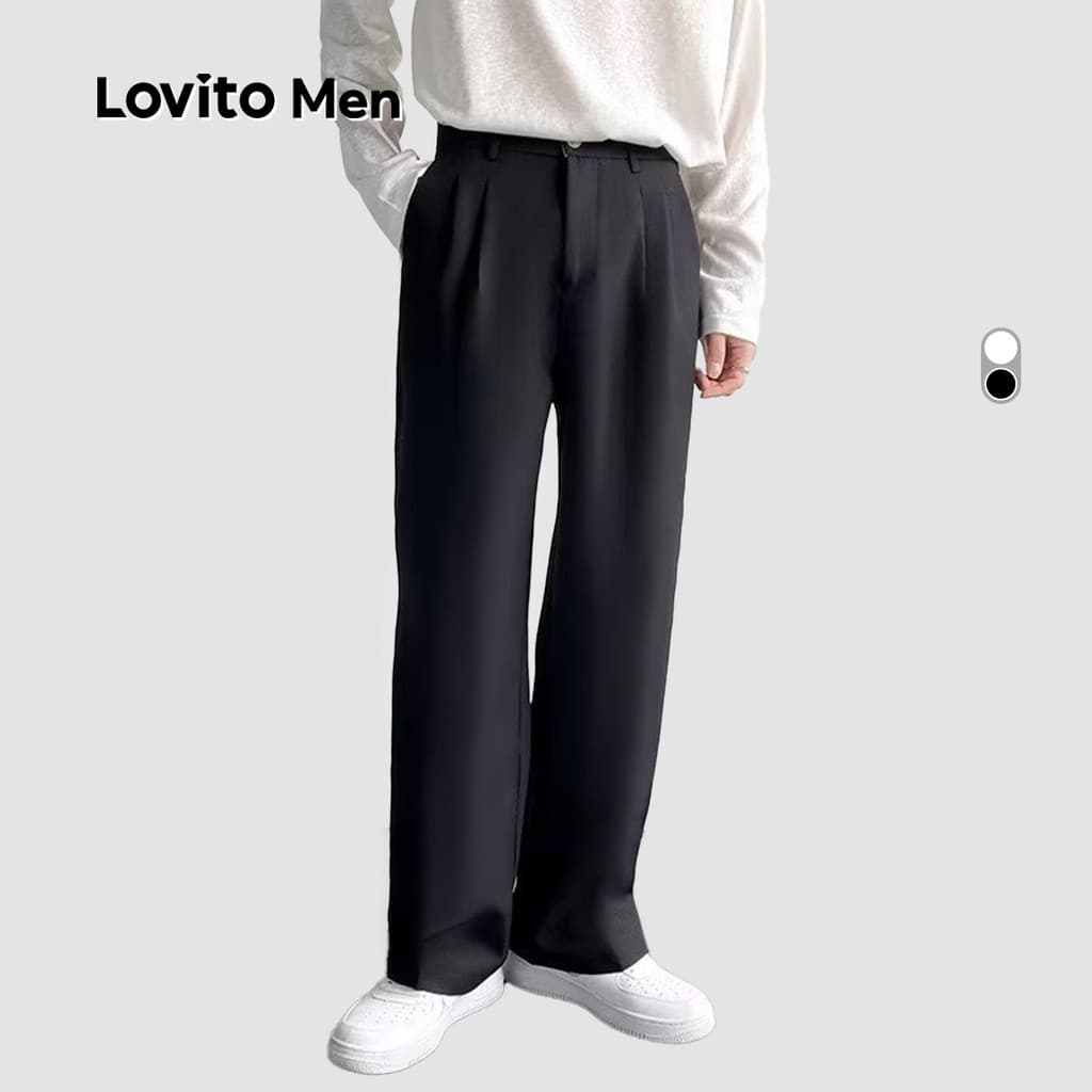 Lovito Men Calças Casuais de Tecido com Bolsos Pregas para Primavera/verão para Homens LNE118116