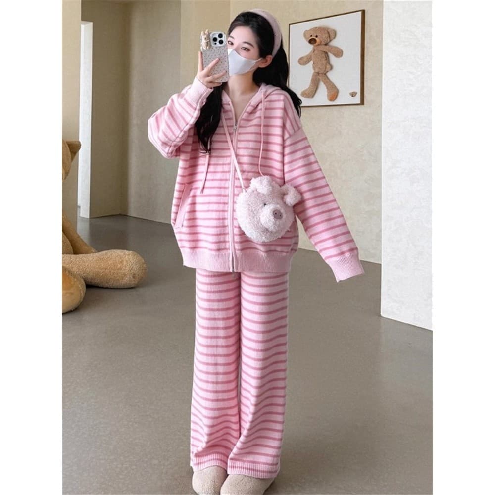 Mulheres grávidas rosa listrado terno outono inverno 2025 novo estilo versão coreana não olhando aparent camisola de mal