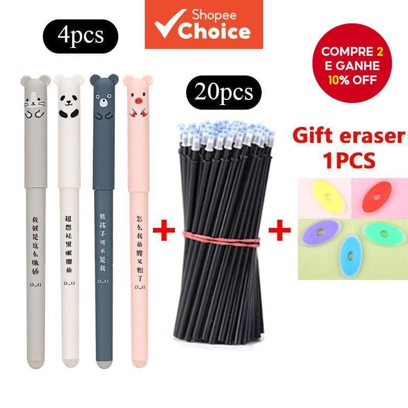 Conjunto De Canetas De Gel Apagáveis 25 Unidades-4 + 20 Recargas (Preto/Azul) Para Escola E Escritório