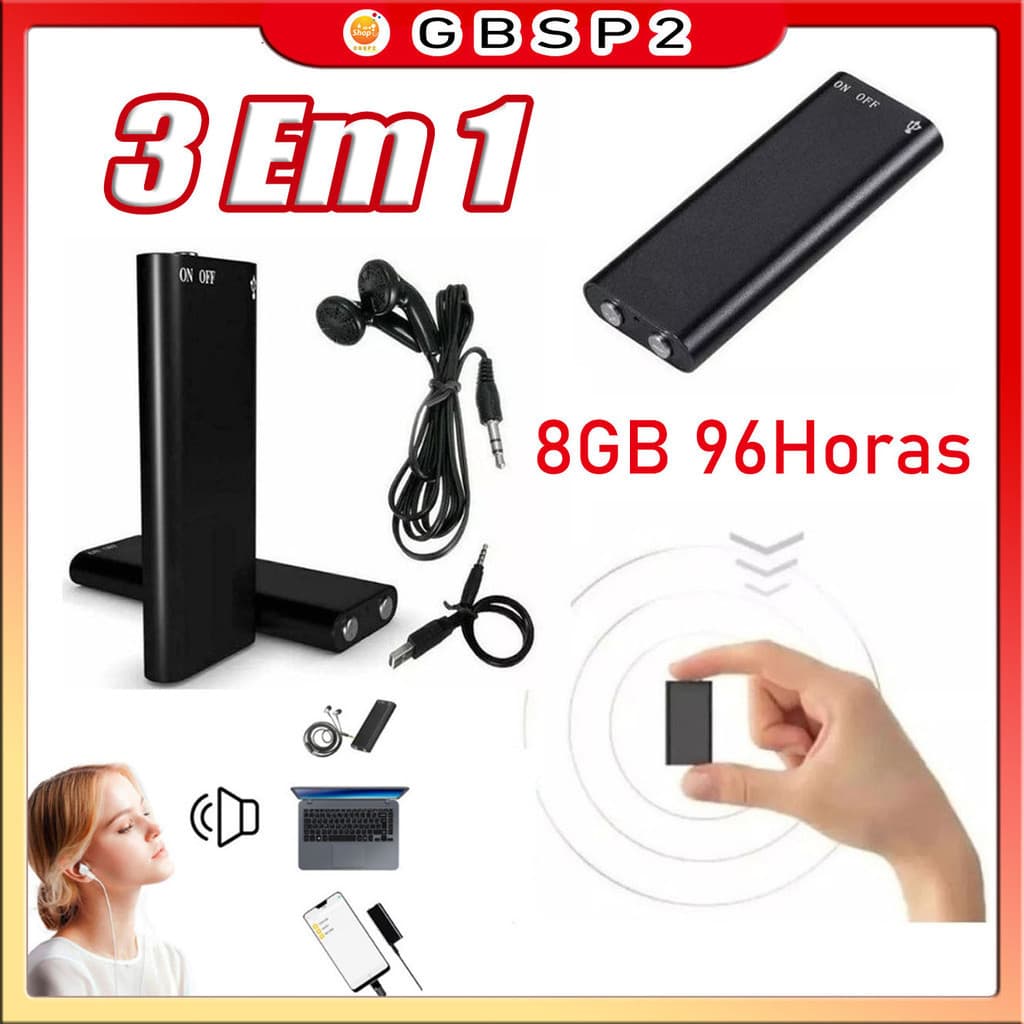 Escuta No Carro Micro Espiao Gravador  Mp3 Player 3 Em 1 8GB Mini Oculto Nf Escuta 96 Horas