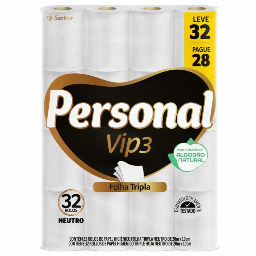 Papel Higiênico Personal Vip 3 Folha Tripla, 32 Rolos De 20M