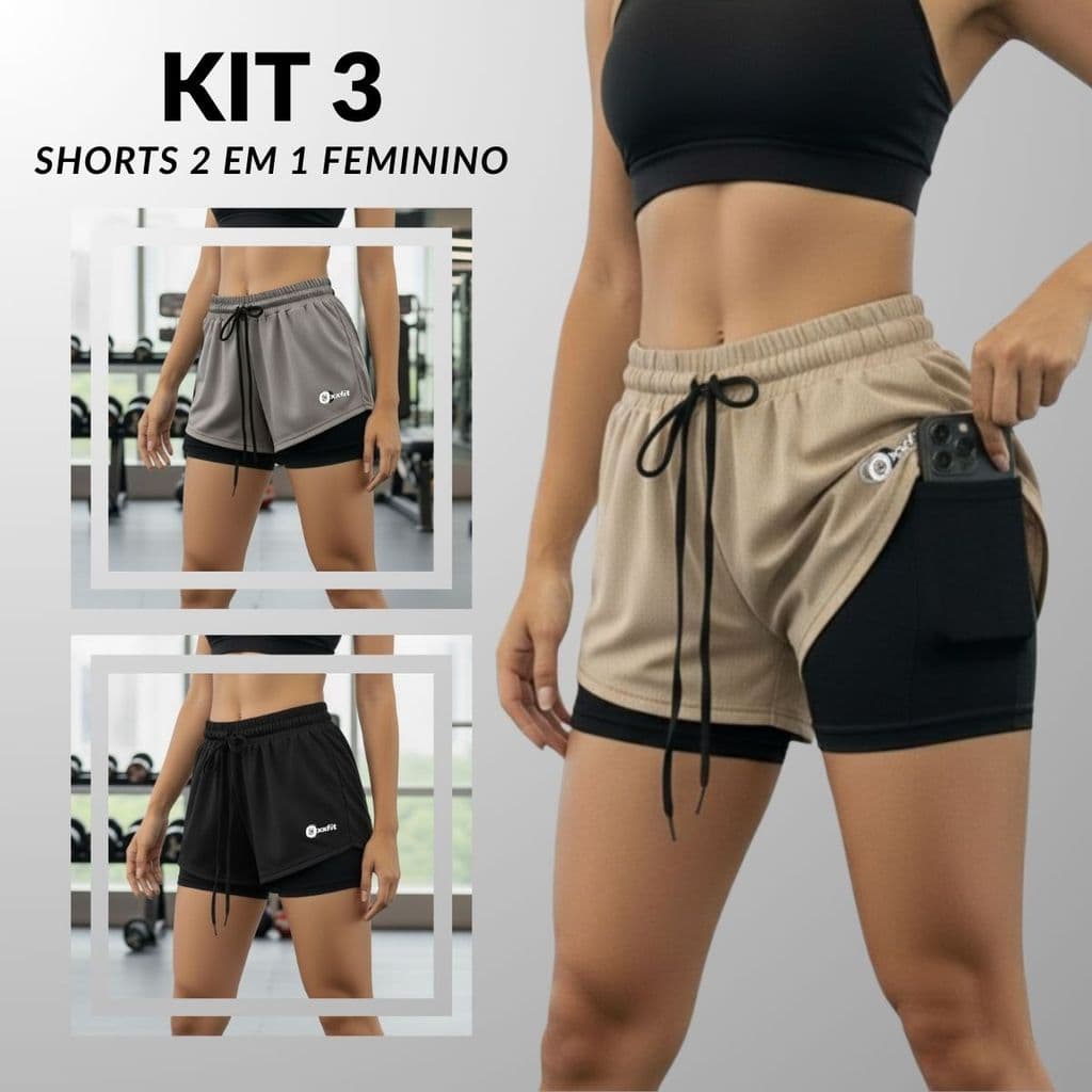 Kit 3 Shorts 2 Em 1 Feminino Com Forro Compressão Dry Fit Para Treino E Academia