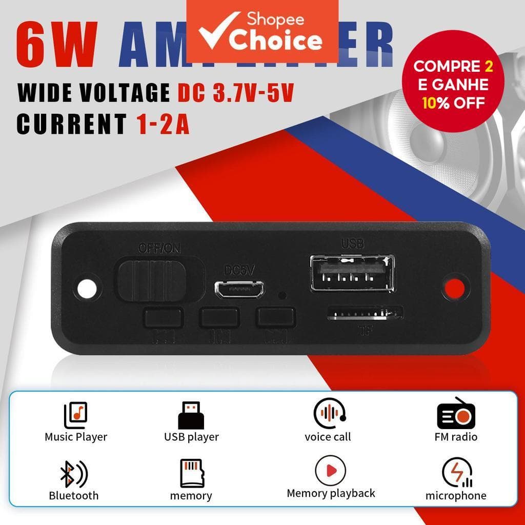  [Shopee Choice] Placa de Amplificador 6W DC 5V MP3 WMA Bluetooth 5.0 Módulo de Áudio USB TF Rádio FM Sem Fio Receptor