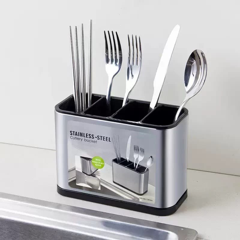 Porta Talheres de Aço Inox Organizador de Pia e Mesa Escorredor de Cozinha com Divisórias e Drenagem