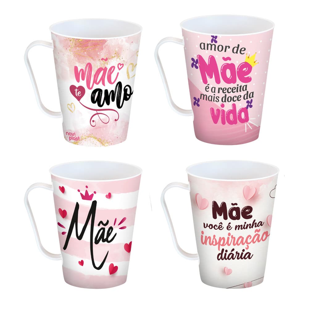 Kit 12 Canecas Personalizadas Dia das Mães Sortidas Branca - 430ml  de Plástico