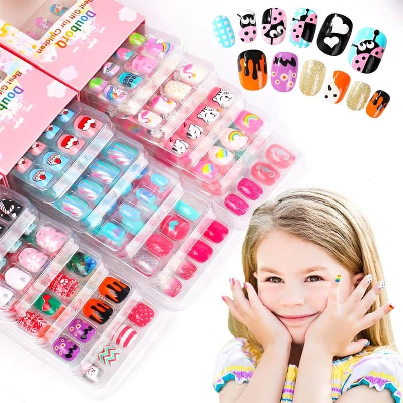 Kit 144 Peças Unhas Postiças Infantis Com Adesivo – Unhas Coloridas Para Meninas/ Festa/ Fantasia e Brincadeira - WJ