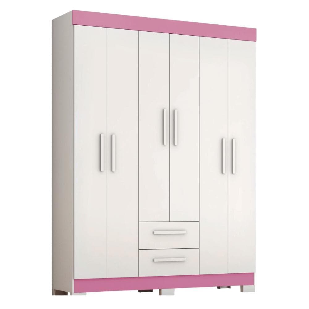 Guarda Roupas Casal Juvenil 6 Portas 2 Gavetas Líbano Branco / Rosa Notável