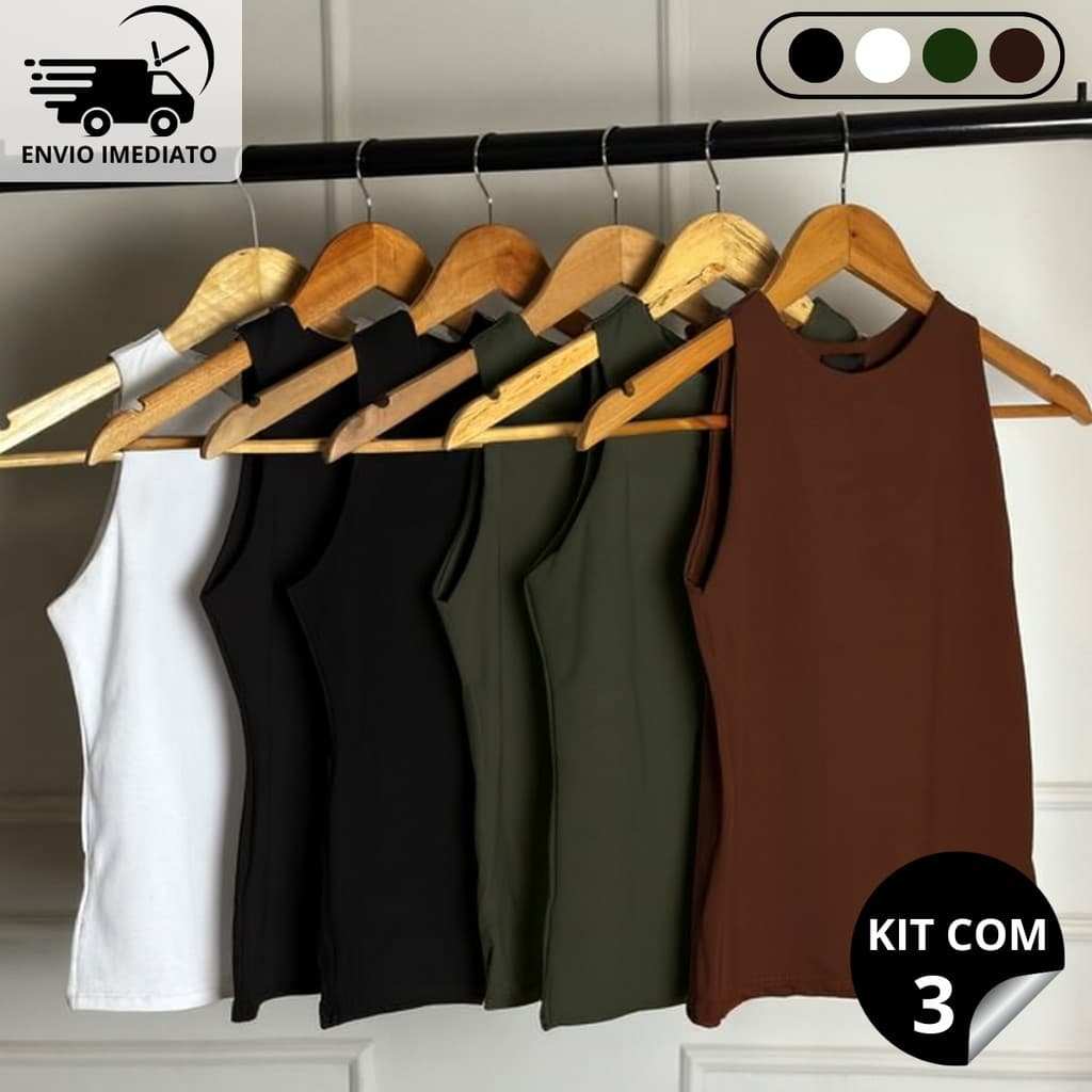 Kit 3 Regatas Casual Basica Blusa Feminina Blogueira Tendencia Lazer Academia e Esporte