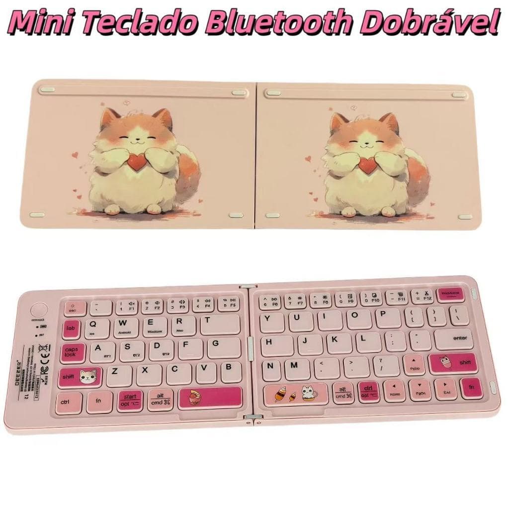 Mini Teclado Gatinho Bluetooth Dobrável Fofo Portátil