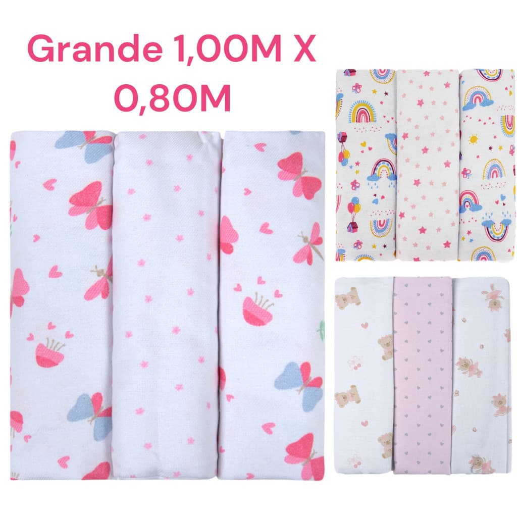 Kit 3 Cueiros Grande 1,00 M X 0,80M Bebê Estampado 100% Algodão Bublim Feminino