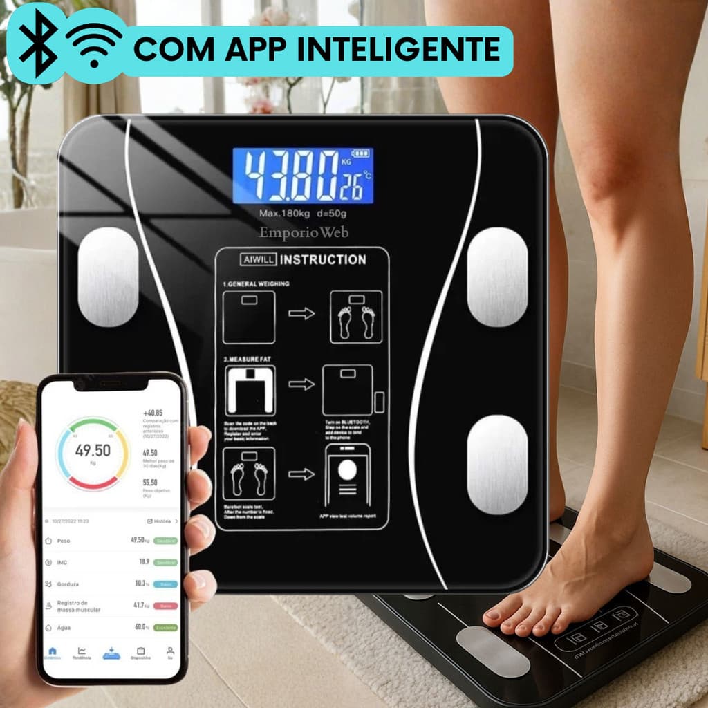 Balança Digital Bioimpedância Smart Bluetooth IMC Gordura Corporal Vidro Temperado