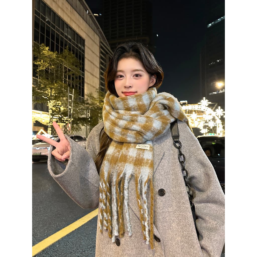 Cachecol feminino inverno 2025 novo estilo outono inverno atmosfera sentir High-End xadrez azul versão coreana borla men