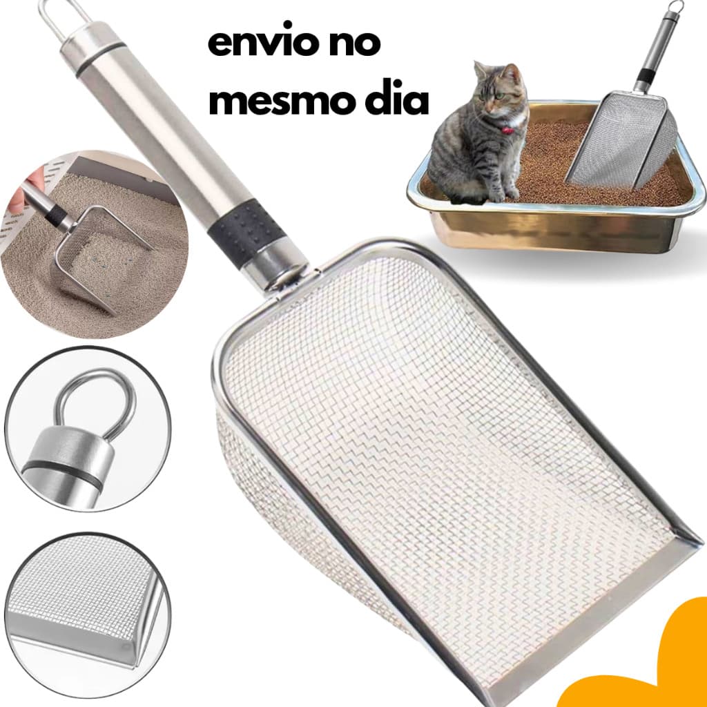 Pá Prática Higiênica Limpeza De Areia para Gatos Animais de Estimação Peneira Coletora Aço Inox