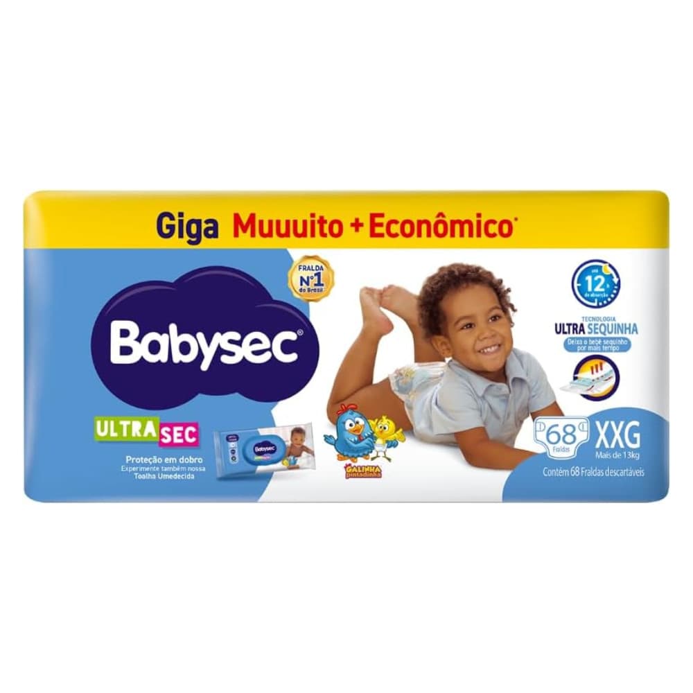 1 Pacote de Fralda BabySec Galinha Pintadinha Ultrasec XXG Giga – 68 Unidades