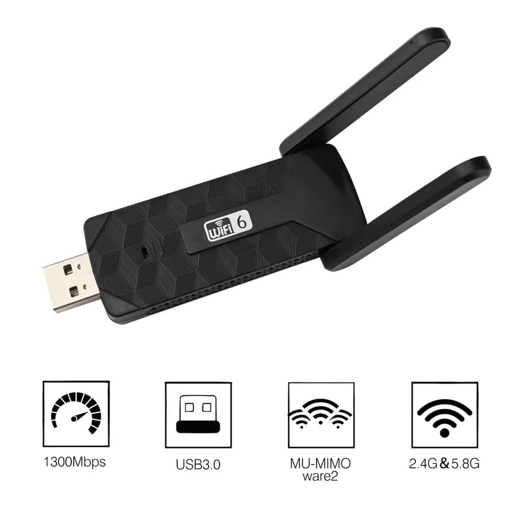 Adaptador Wi-Fi 6 USB 3.0 Dual Band 2.4G/5.8G 1300Mbps com Antenas jehnny