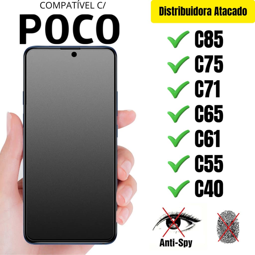 Película Cerâmica Privacidade Fosca 3D P/ Poco C85 / C75 / C71 / C65 / C61 / C55 / C40 Matte AntiSpy - Envio Rápido