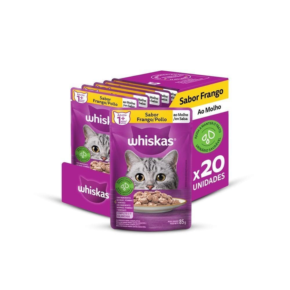 Ração Úmida Whiskas Sachê Frango ao Molho para Gatos Adultos - 20 Unidades de 85g