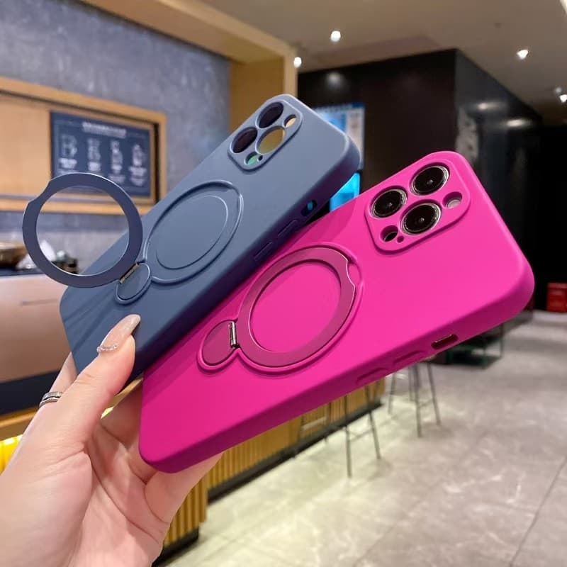 Capa Traseira De Silicone Luxuosa Com Suporte De Metal À Prova De Choque iPhone16 15 14 13 11 ProMax