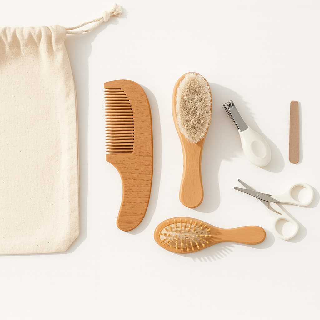 Kit 8 Itens Cuidado Higiene Bebê Bolsa Ecológica Cabelo Escova Pente Unha Minimalista