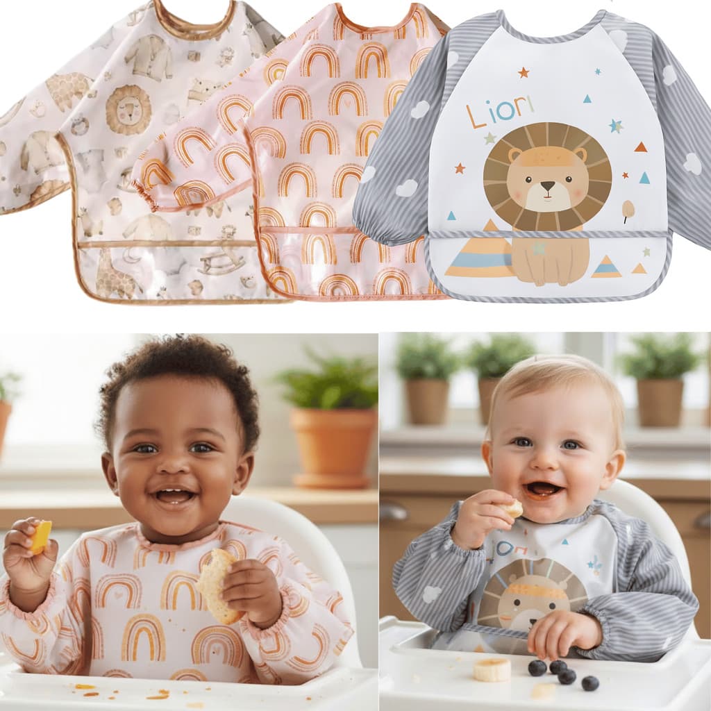 Babador Impermeável com Mangas para Bebê BLW Introdução Alimentar com Cata Migalhas Menino Menina