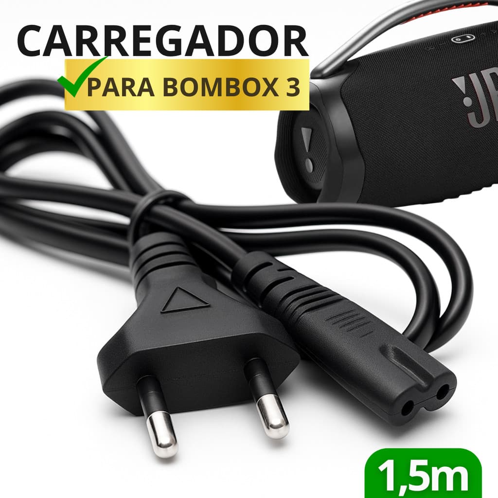Cabo de Energia Bipolar Compatível com Caixa de Som Boombox 3-Alta Durabilidade e Qualidade 1,5m