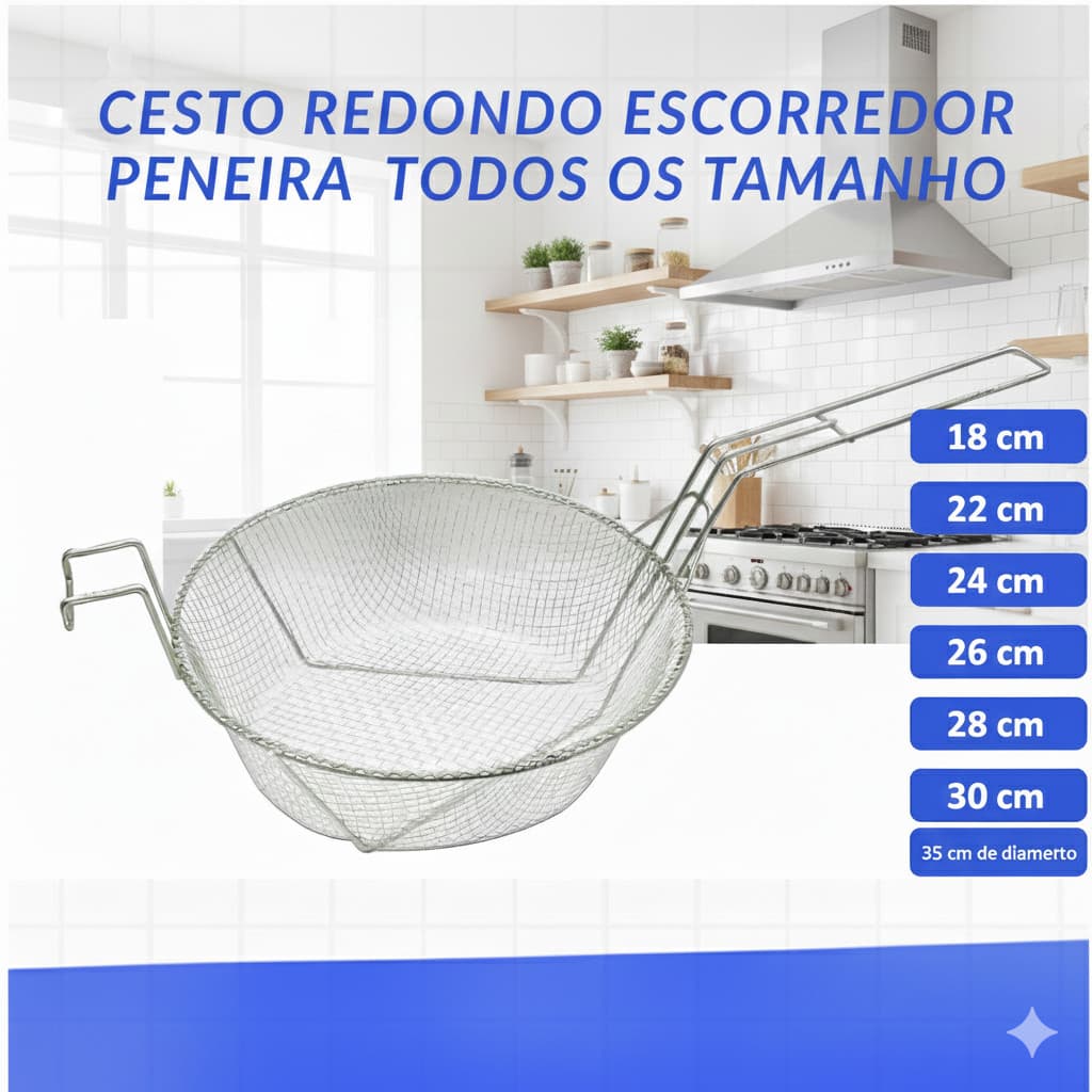 Cesto Redondo Escorredor Peneira Para Panela Fritura Fritadeira Bar Cozinha Lanchonete Restaurante